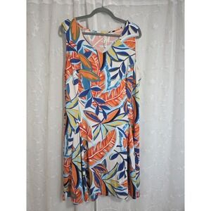 NY Collections Tropical Palm Leaf Sleeveless V Neck‎ Maxi Dress 1X Flowy Vibrant